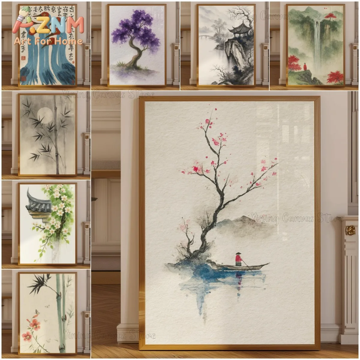 Waterfall Watercolor Poster, Misty Mountain Landscape Wall Art Print, Zen Ink Wash Nature Painting, Wabi Sabi Japandi Decor