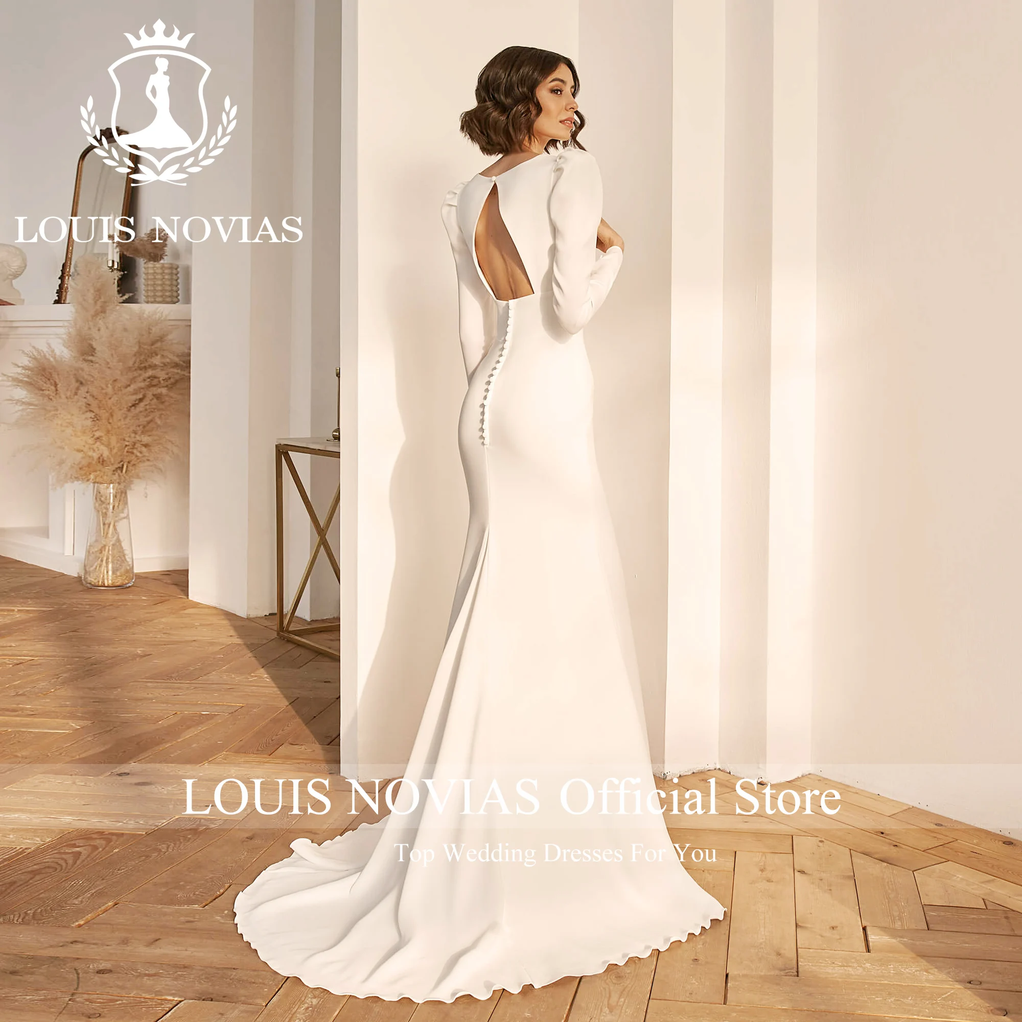 LOUIS NOVIAS Mermaid Satin Wedding Dresses Sexy Long Sleeve V-neck Backless Button Draped Sheath Wedding Gown Vestidos De Novia