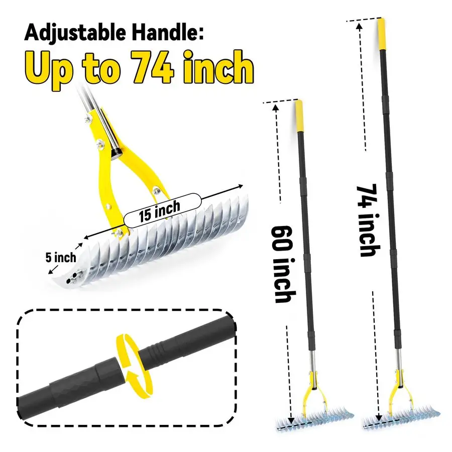 مشط للعشب بمقبض 74 بوصة، مشط ديتاتشر 15 بوصة لتنظيف العشب الميت، مشط معدني فولاذي فعال لـ Detha