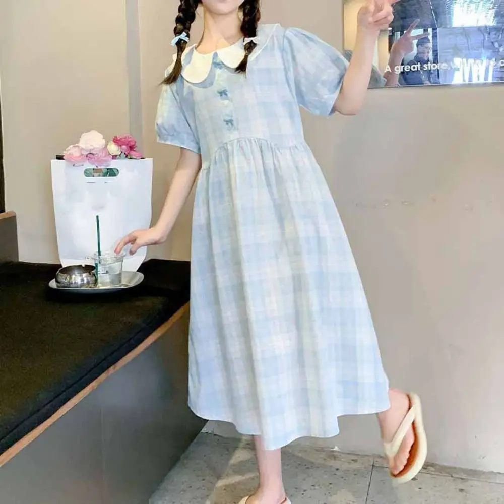 Fashion Loose Girls Plaid Dress Sweet Party Summer Dresses Teenagers Beach Vacation Children Princess Dress Holiday