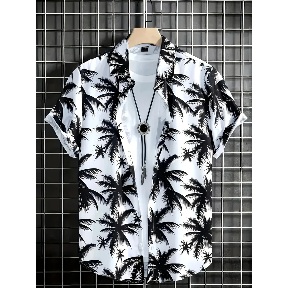Hawaiian Palm Tree 3D Print Shirt for Men Cool Summer High Quality Luxuryshort Sleeve Shirts Tops Lapel Button Oversized Clothes