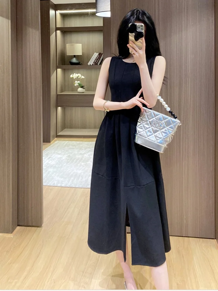 Smthma francês elegante preto frente split vestido de verão feminino o-pescoço sem mangas cintura fina casual vestidos longos robe