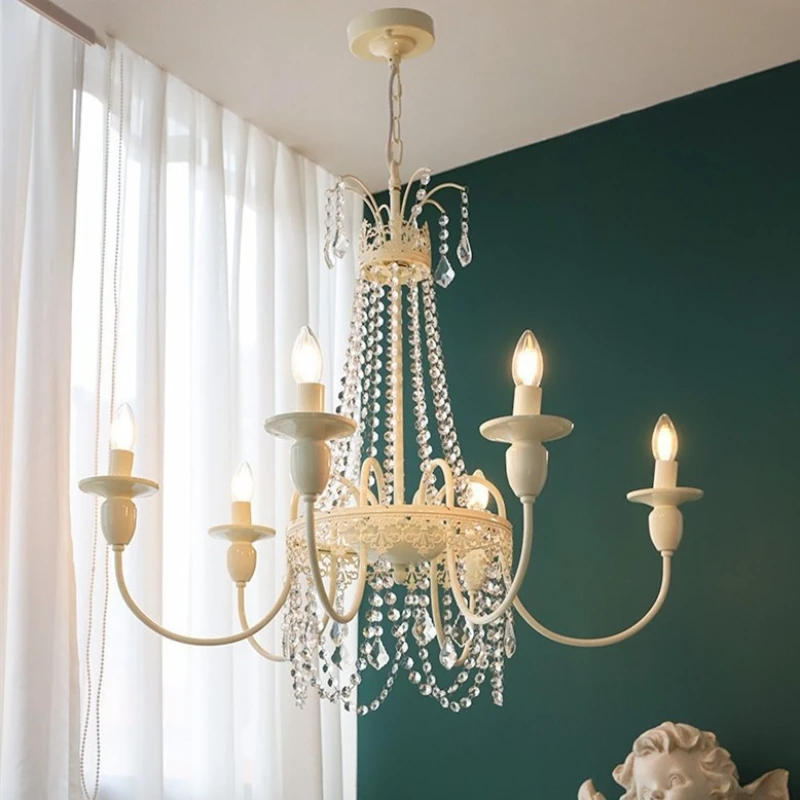 

French Romantic White Led Chandelier Bedroom E14 Candle Pendant Light Creamy Led Lamparas Suspend Lamp Dining Room Luminarias
