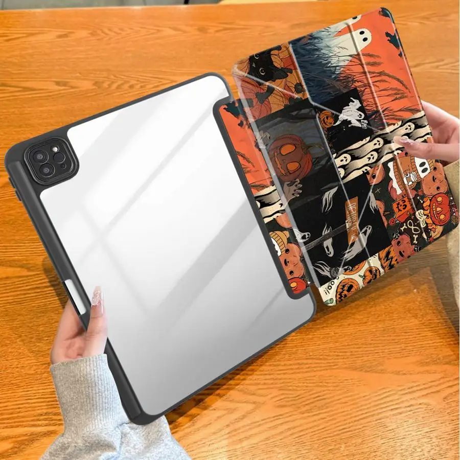 With Pen Slot Cover Tablet Case For iPad Air 8 M2 M3 3 9th 10th Gen Mini 7 6 5 11th Pro M4 13 2025 2026 12th Cat Ghost Halloween