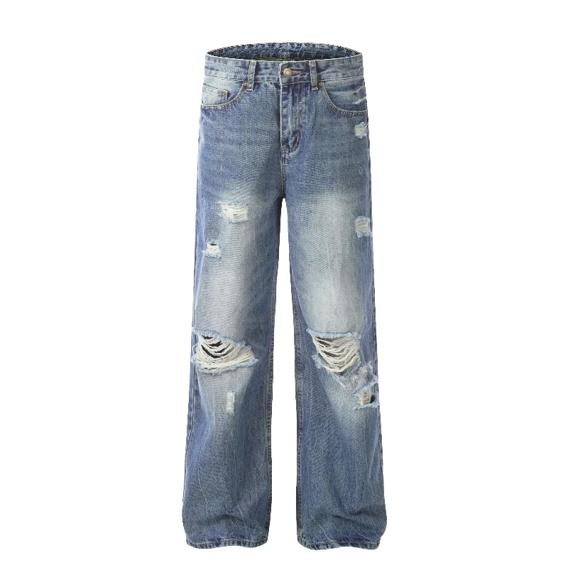Men's Ripped Wide Leg Jeans American Vintage Distressed Denim Baggy High Quality Abrasion-resistant Casual Trousers