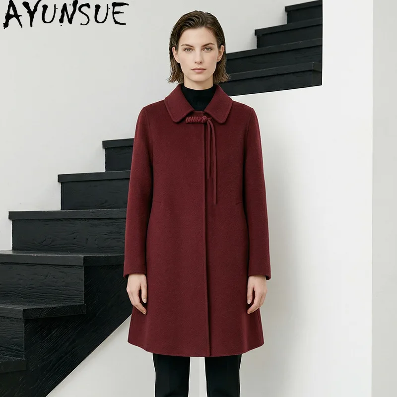 AYUNSUE Women's 100% Wool Coat Mid-length Double-sided Wool Coat Elegant Commuting Outerwear Autumn Winter Woman Clothes Casaco