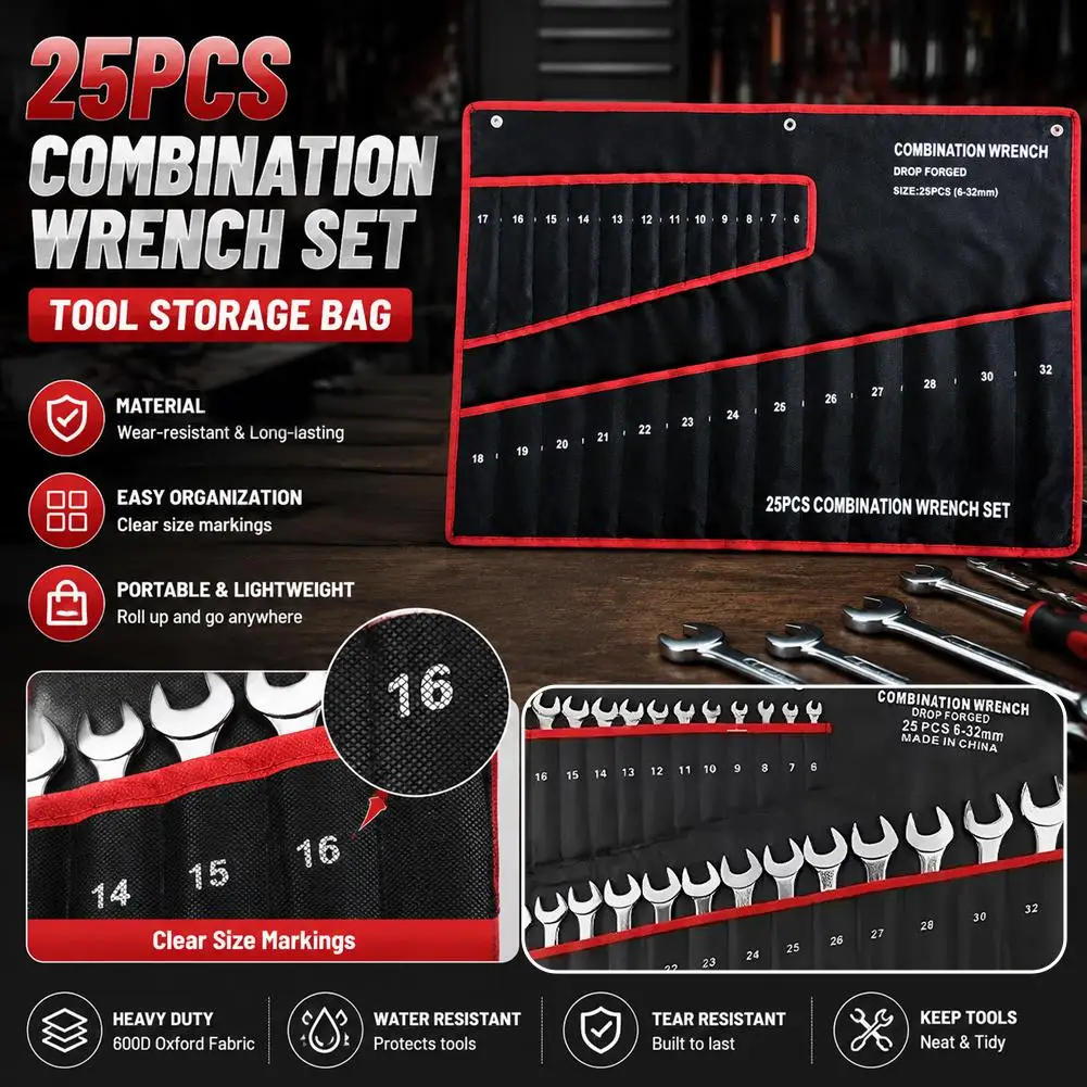 25 Pocket Tool Organizer Roll Durable Wrench and Multi-Tool Storage Bag for Garage & Workshop Organization
