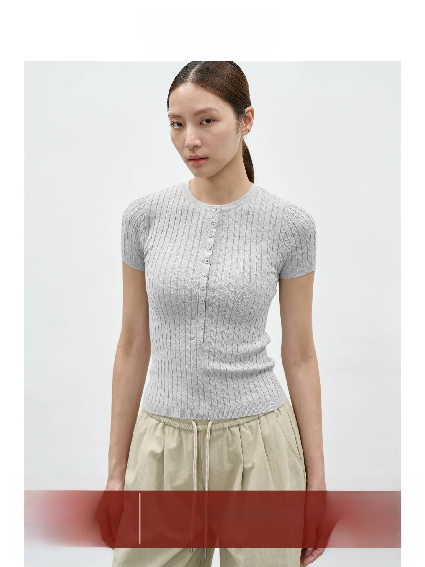 

EIGHTHMONTH Women's Slim Fit ort Sve Knitted irt round Ne Casual Sle Light ey Tweed Pattern Button up Top