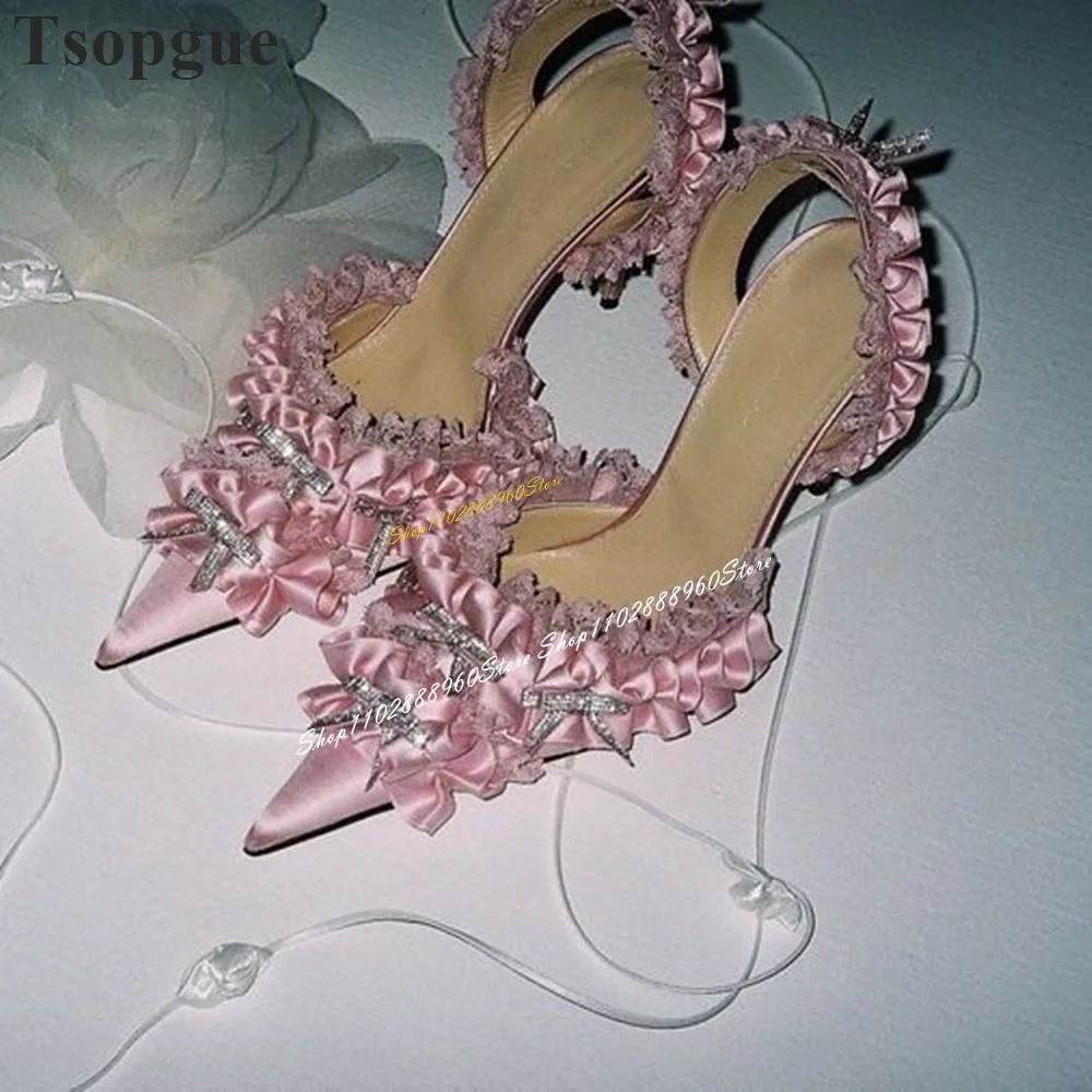 Sandalias de tacón alto fino con volantes Para mujer, Zapatos de punta estrecha con correa trasera, con decoración de lazo, color rosa, 2024