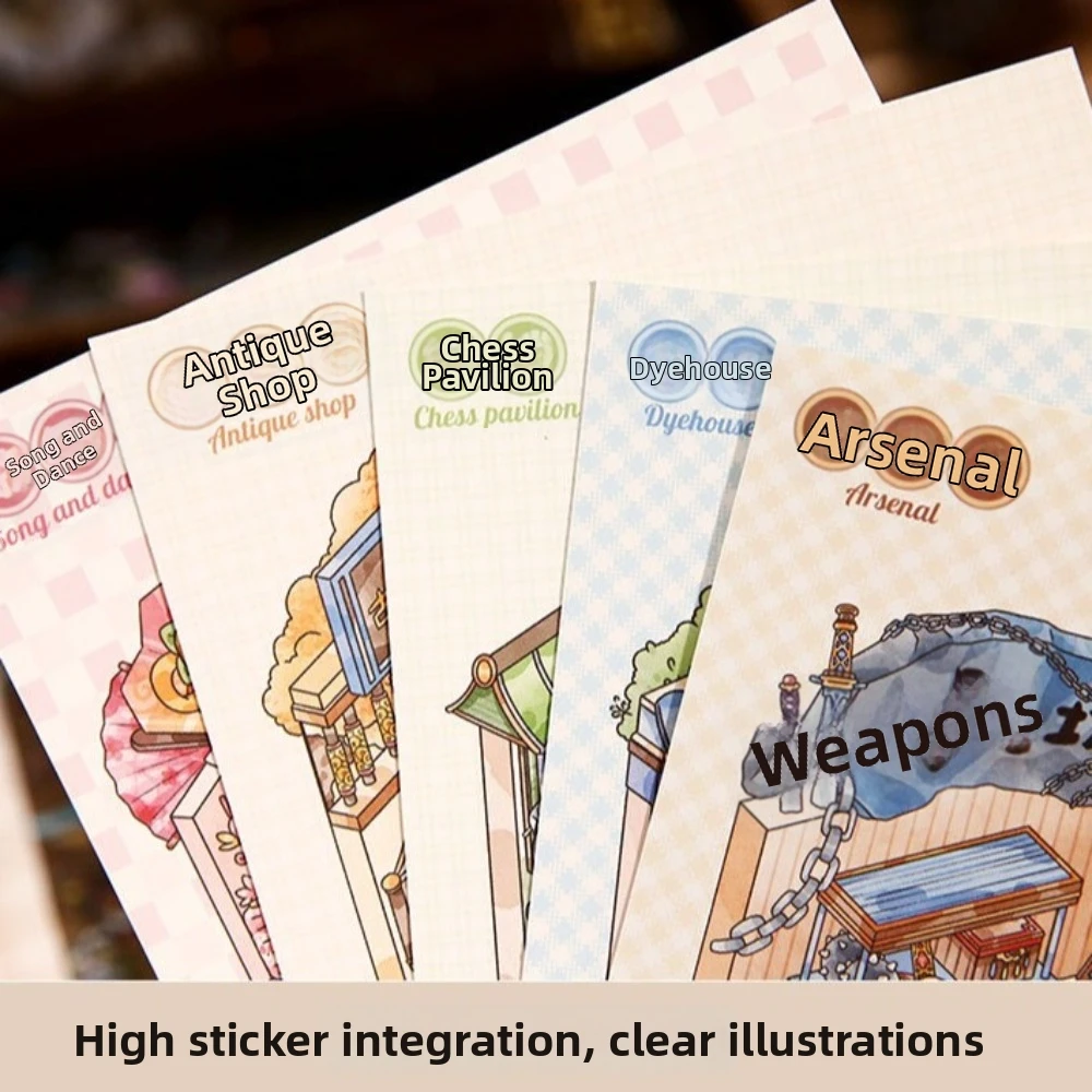 Cartoon Design Ancient-Style Stickers Miniature House PET Material DIY Decoration Stickers Cabin Scene Ancient Figures