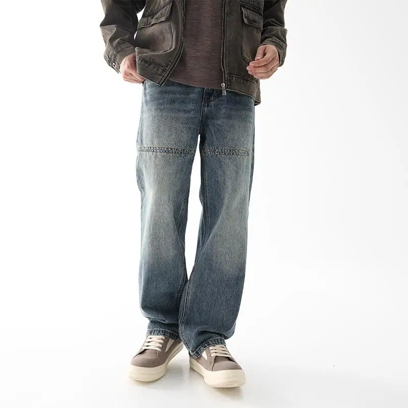 

Retro Waed Loose Straight Leg Jeans Men's Casual Long Trousers American Workwear Splicing 2024 Autumn Winter Denim Pants