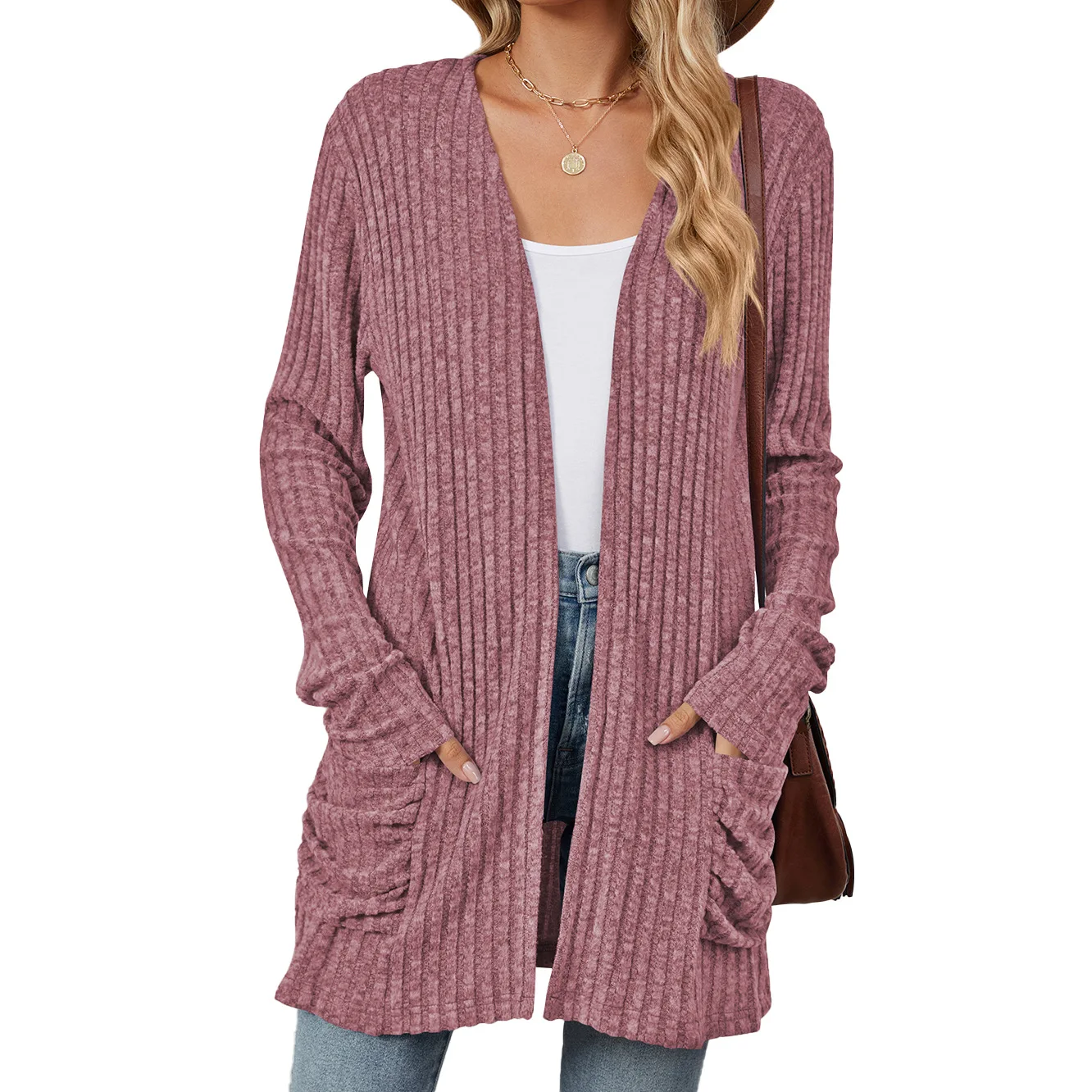 2024 Autumn/Winter Women's Cardigan Knitted Sweater Temperament Commuting Solid Color Pocket Long Sleeved Base