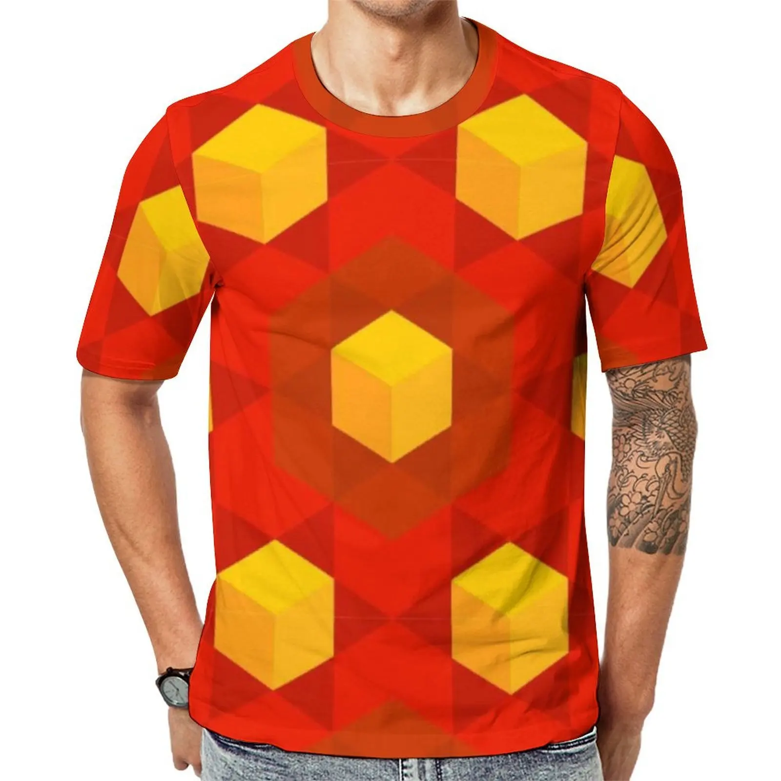 Plus Size T-Shirt Original Nordic T Shirts Red and Orange Cubes Street Style O-Neck Tee Shirt Men Vintage Design Clothing