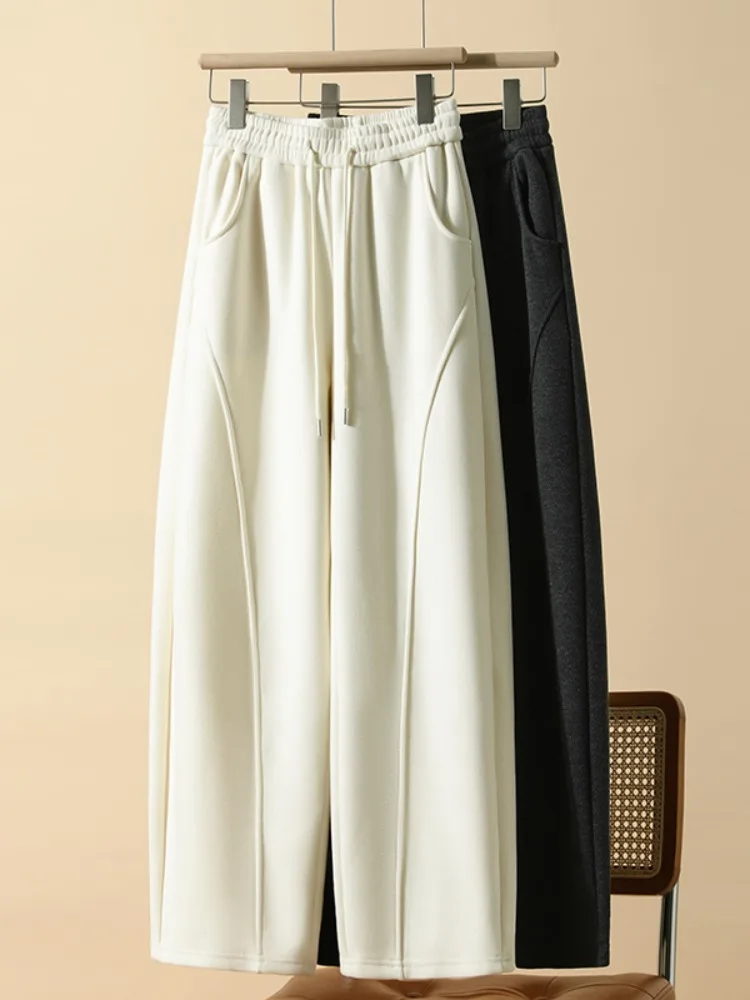 

Брюки-бананы на флисовой подкладке с высокой талией, прямые, вязаные, повседневные, широкие, для полных женщин, осень-зима