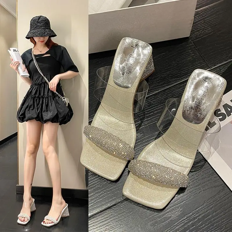 Women's slippers Sandals slippers for women with high heels 2024 summer new rhinestone thick heel open toe thick heel slippers 