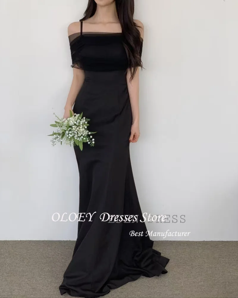OLOEY สีดำเกาหลีชุดราตรีโบเลโรถ่ายภาพงานแต่งงานความยาวชั้นชุดปาร์ตี้สายสปาเก็ตตี้แบบกำหนดเอง
