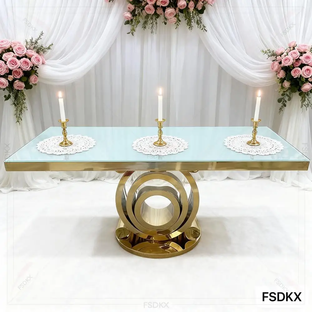 

China Manufacturer's Modern Gold Stainless Steel Dining Table for Wedding Banquets and Hotel Use Furniture Rental Available