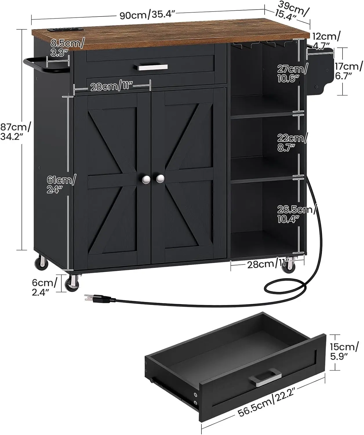 Island, Kitchen Island Cart with Storage, Rolling Island Cart with Dual-Door Cabinet, Mobile Storage Islands with 3 AC Outlets,