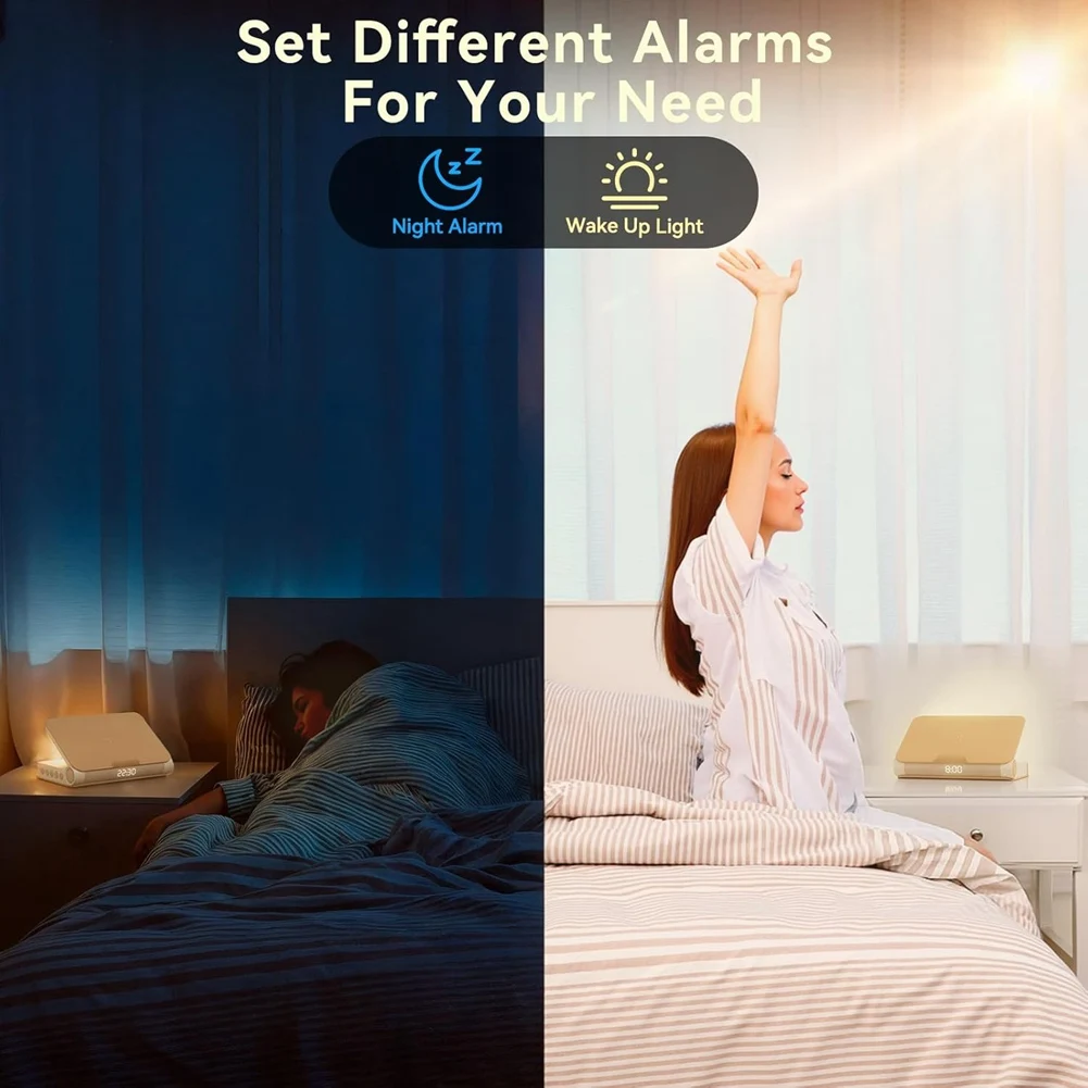 CYCLI-Wireless Book Lamp Sunrise Alarm Clocks 16-Level Volume Loud For Heavy Sleepers Adults Wake-Up Light With Snooze Function