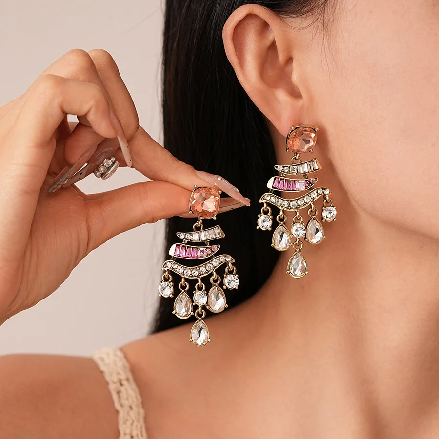 Vintage Warm Amber Glass Square Gem Layered Arch Crystal Droplet Cascade Dangle Earrings Evening Party Jewelry For Women
