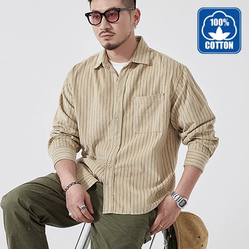 

Korean Fashion Corduroy Shirt Men Premium Cotton Casual Regular Fit Retro Striped Lapel Pockets Loose Simple Shacket Male