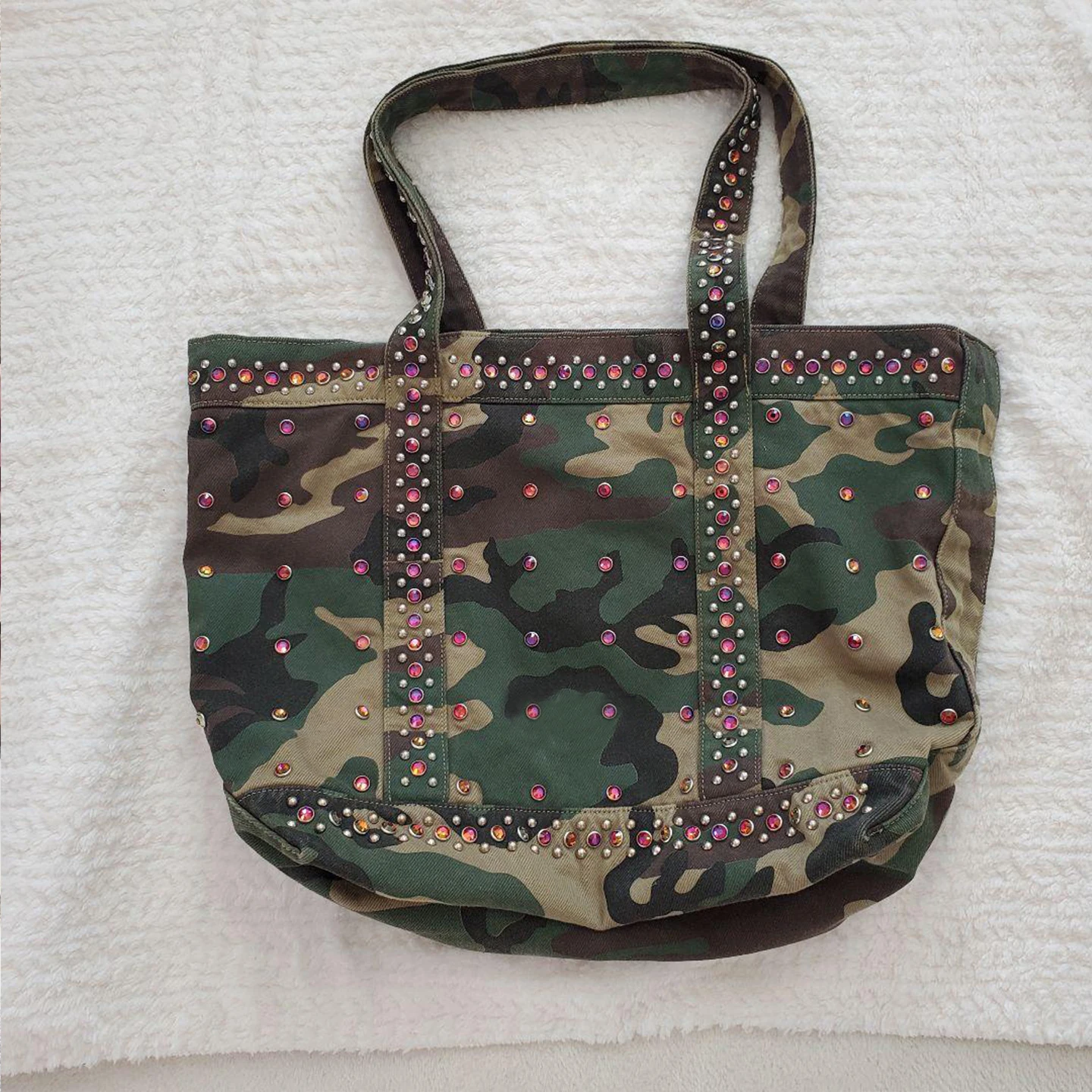 Camouflage Tote Bag Women's Diamond Decorated Large Capacity Single Shoulder Handbag Cool Trendy Canvas Bag Soft Square Shape