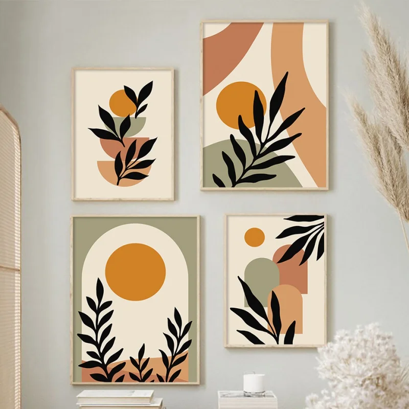 Abstract Nordic Wall Art Boho Style Geometric Lines Sun Greenery Simple HD Oil On Canvas Posters And Prints Home Bedroom Decor
