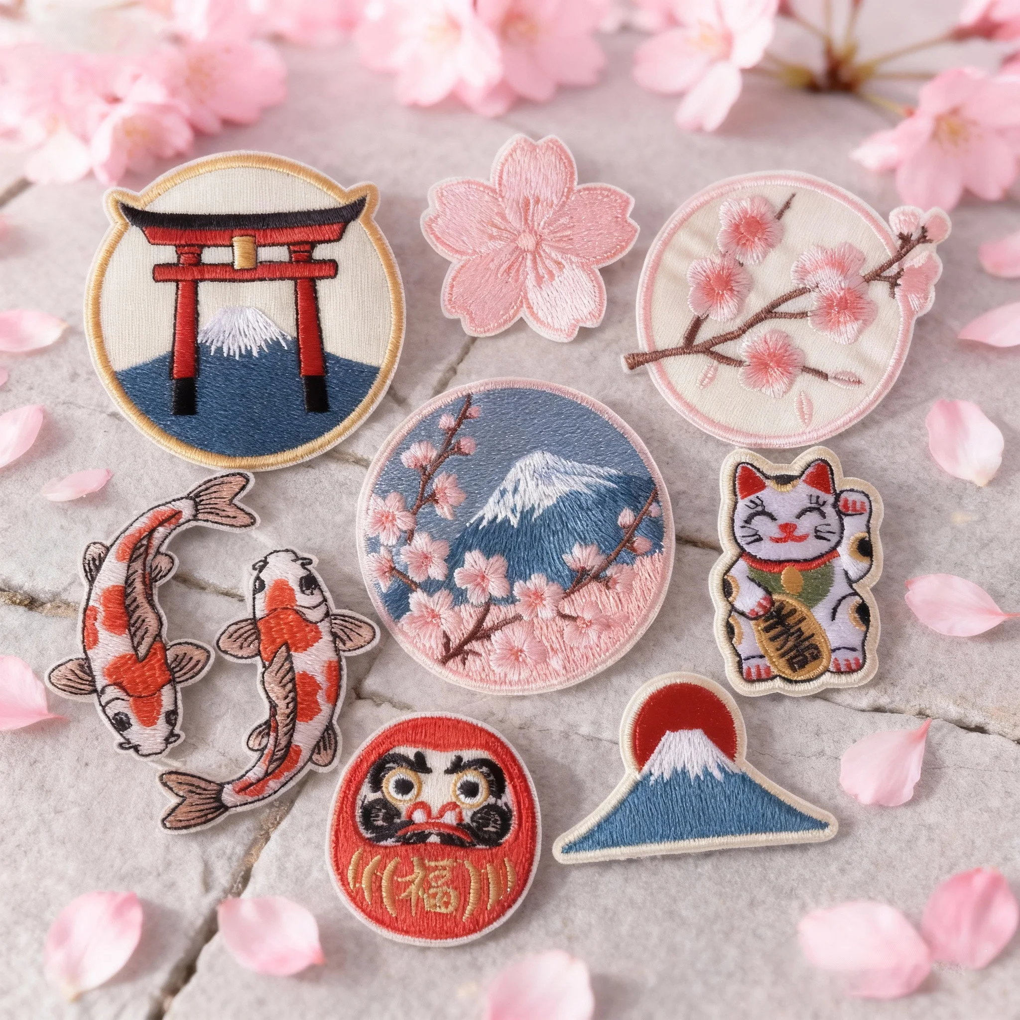 Japanese Lucky Collection Embroidered Patches Iron On Embroidery Maneki Neko Goldfish Kimono Girl Sakura Fuji Good Fortune Decor