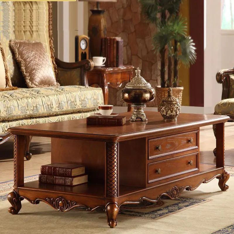 American simple coffee table, high-end solid wood carved coffee table, square