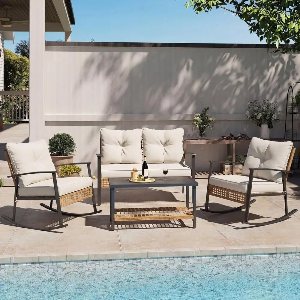 

4-Piece Patio Contion Set, Comortable Oversized Outdoor urniture Set with Rocking Chairs and Storage Coee Table or Backyard, Por