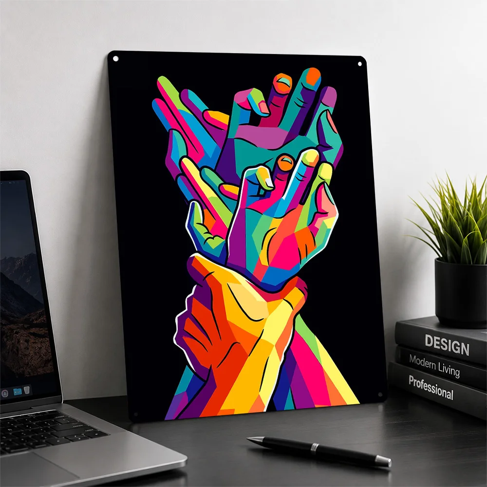 Colorful Hands Intertwined 3D Texture Metal Poster Customized Wall Art Tin Sign Gift for Mancave Living Room Interior Decoration