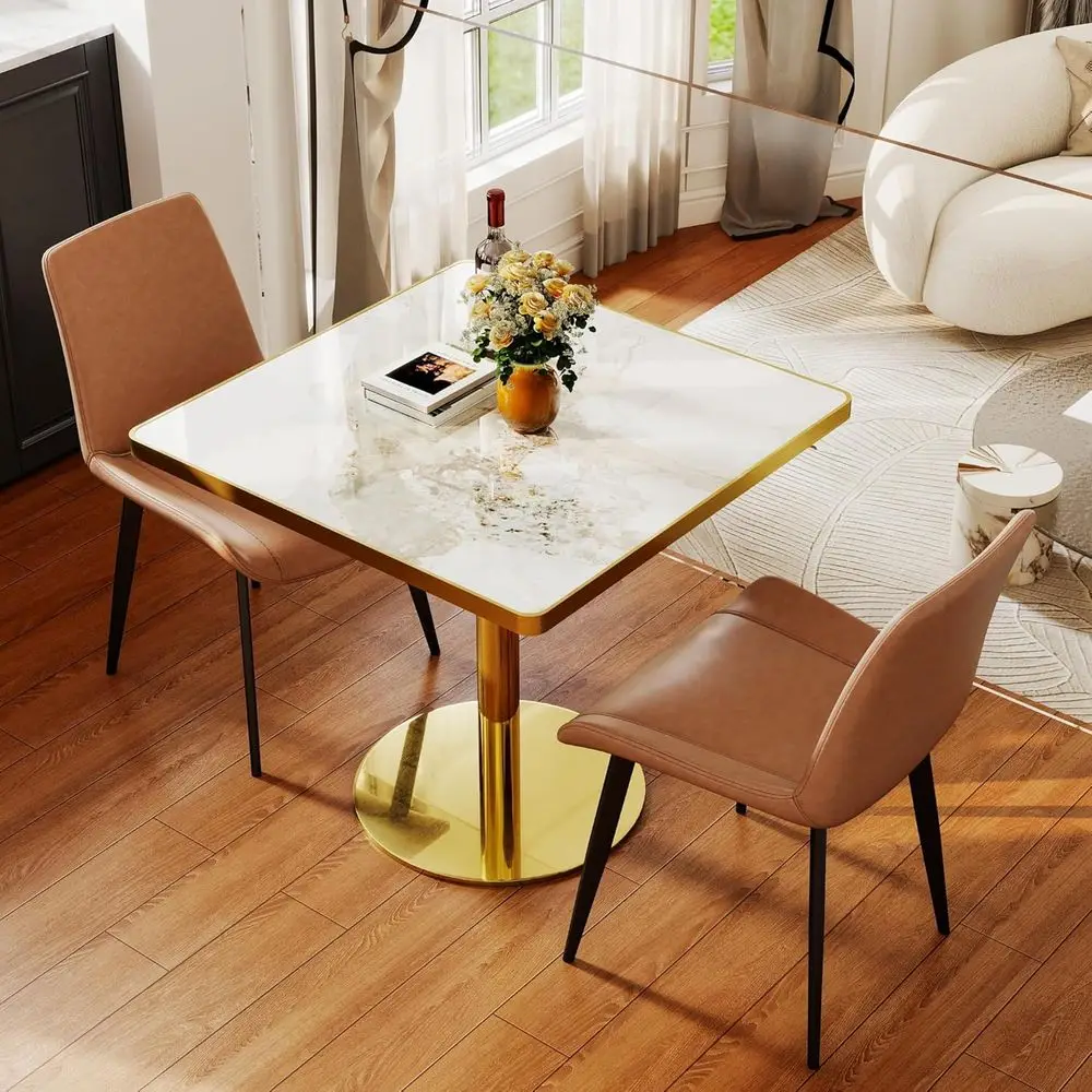 

3-Piece Dining Set: 31.5 Stone Tulip Table with 2 Brown Leather Chairs for Dining Rooms, Cafes, and Restaurants