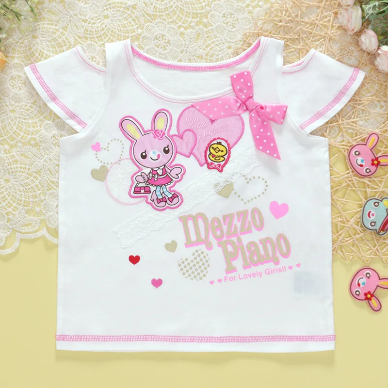Summer New Mommy and Daughter Matching Clothes Japanese Cute Bow Lace Off-shoulder Short-sleeved T-shirt Cartoon Mp Jojifuk