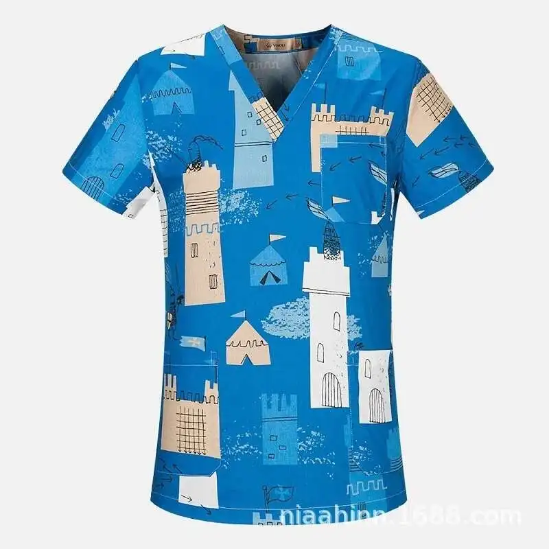 Women's Animal Short Sleeve V-Neck Carer Top Nurse Uniforms Woman Tops Beauty Salon Working Uniform Cartoon Print Workwear