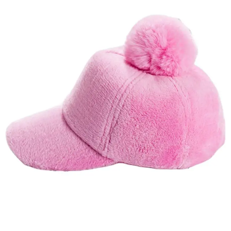 Kids Plush Baseball Cap Girl Winter Pom Hat Warm Pink Grey Blue Ages 4-10 Years