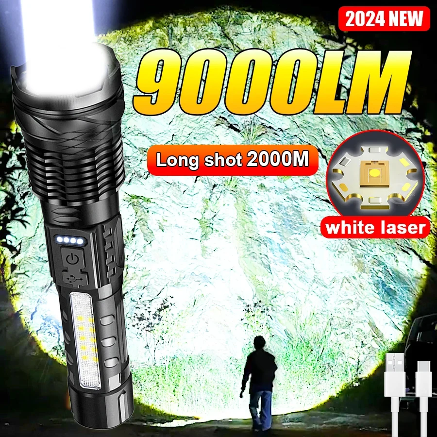 Super Bright 9000LM Led Flashlight Built-in Battery USB Rechargeable Zoom Tactical Torch Outdoor Long Range Strong Light Camping