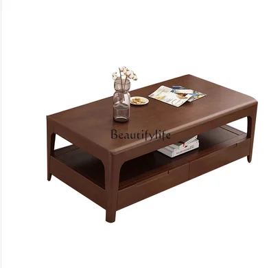 Modern solid wood coffee table simple small apartment rectangular two-story tea table