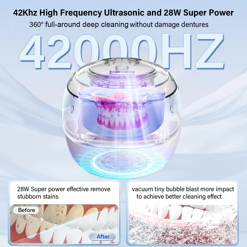 Limpiador ultrasónico UV para el hogar, máquina de limpieza de retenedores dentales, 42000HZ, para baño, joyería, dentadura