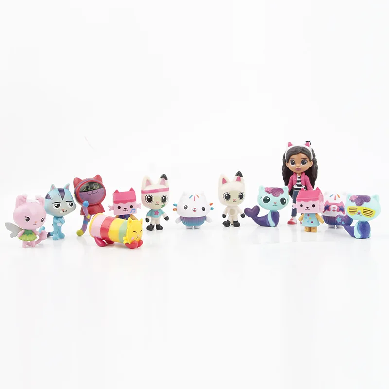 13 pçs gabby dollhouse anime figura brinquedo carro sorridente gato abraço gaby menina bonecas mercat dos desenhos animados figura de ação crianças presentes de aniversário de natal