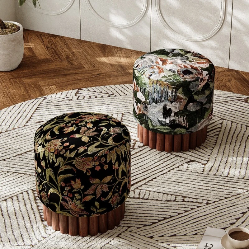Fabric solid wood shoe changing stool round stool household general