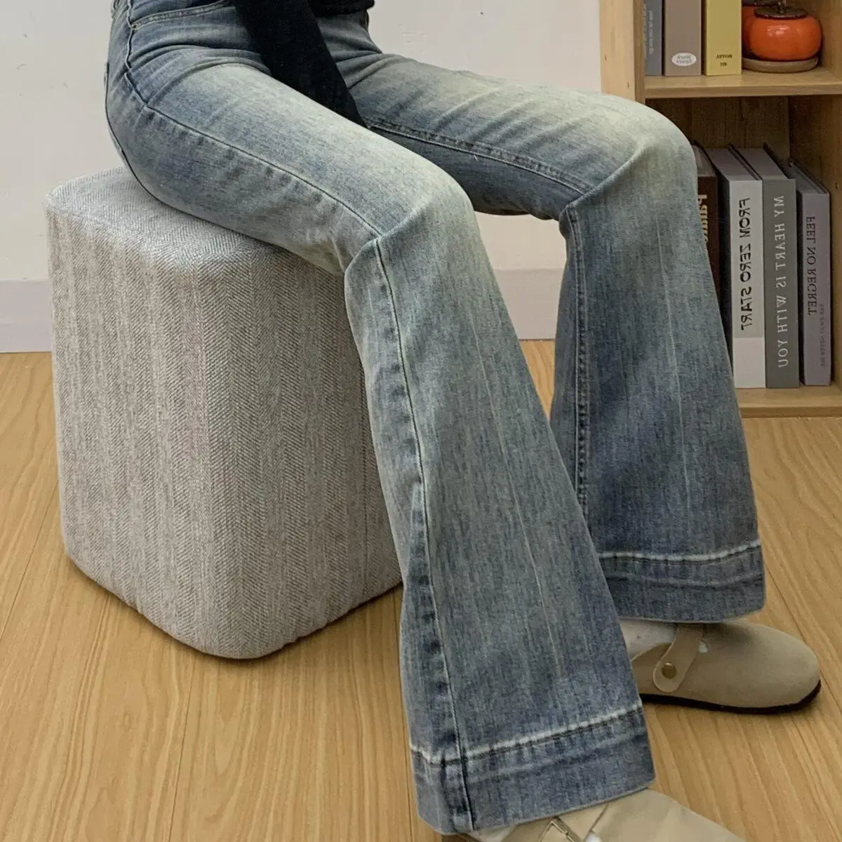 

Американские ретро-джинсы с высокой талией и микро-клешем для женщин, весна-лето, новый стиль, эластичные широкие брюки, повседневные, темно-светлые