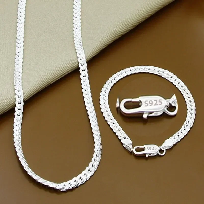 925 Sterling Silver 2 Piece Full Side Chain Necklace Bracelet Women Men Fashion Jewelry Set Wedding Gift