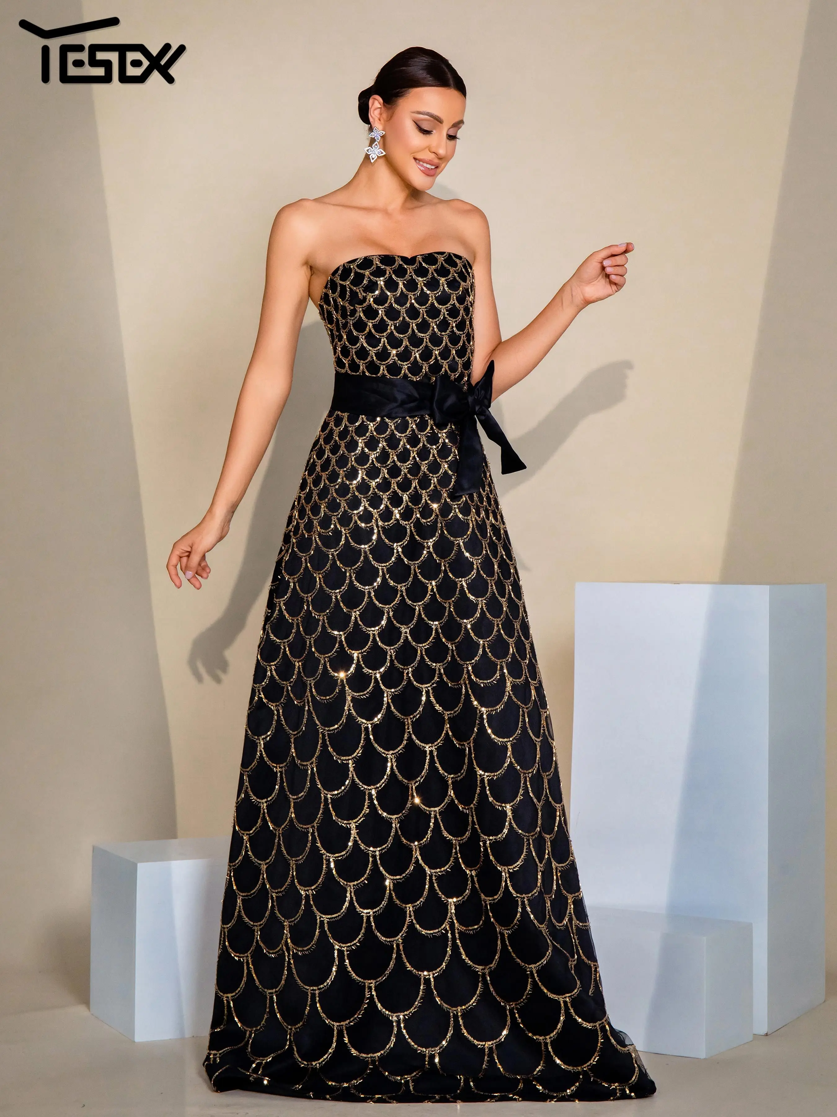 Yesexy 2024 New Black Strapless A Line Sequin Evening Gown Wedding Birthday Party Formal Occasion High Quality Luxury Dresses