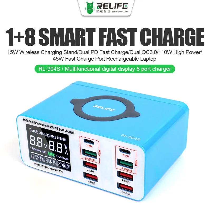 RELIFE RL-304S Cargador de 8 puertos con pantalla digital multifuncional 1+8 para IP/HW/VI/OP/MI/MZ/SAM y otras marcas de teléfonos móviles