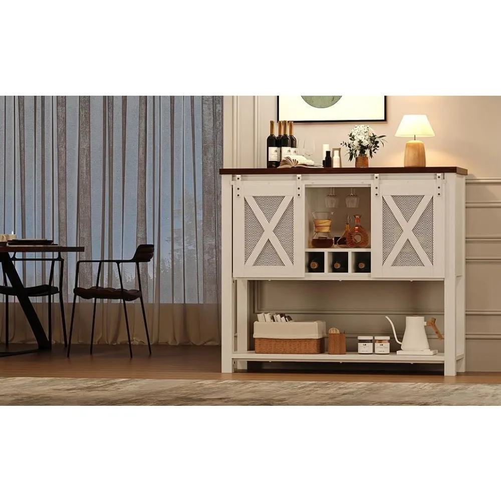 

Wine Bar Cabinet W/ Sliding Barn Door - Coffee Bar W/ Rack & Glass Holder, Kitchen Sideboard