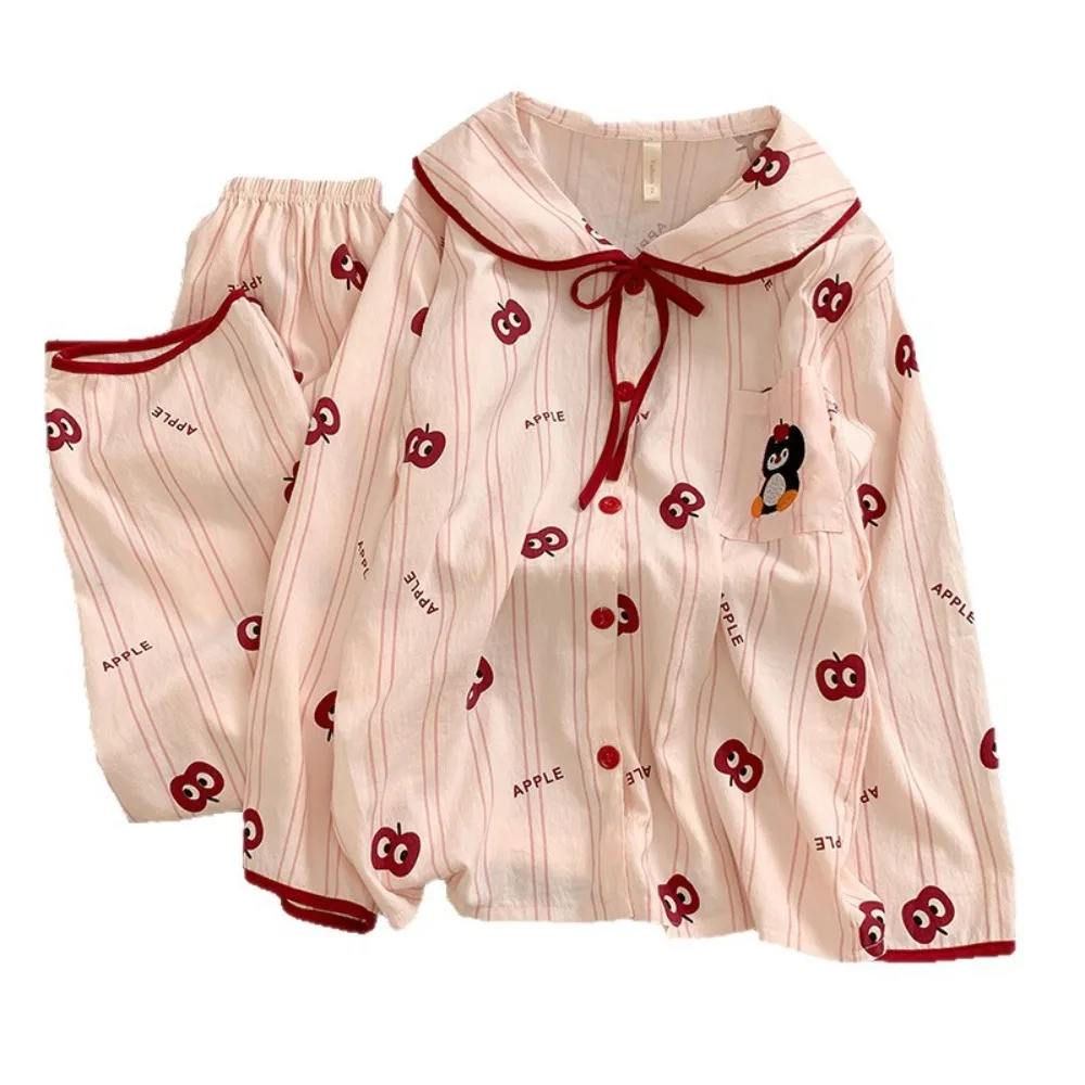 

Sweet Flip Collar Stripe Pajamas Set Penguin Dog Sweet Pajamas Suit Casual Home Wear Long Sleeves Pajamas Home