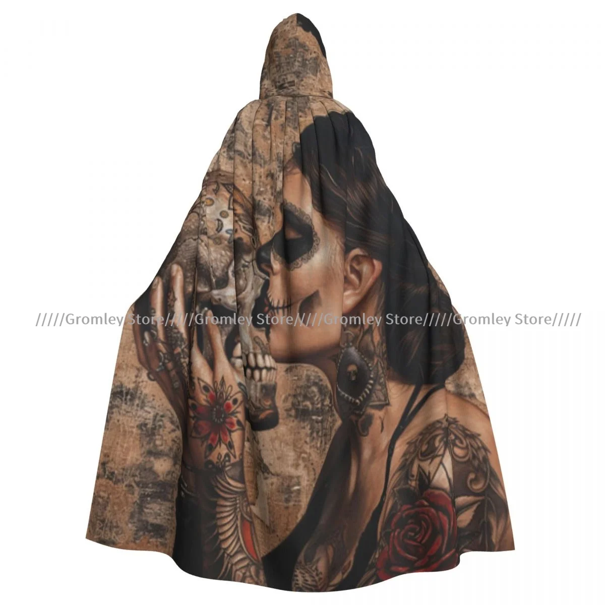 Portrait Of Woman With Skull Day Of The Dead Witch Cloak Halloween Cosplay Costume Adult Unisex Cloak Retro Ages Cape