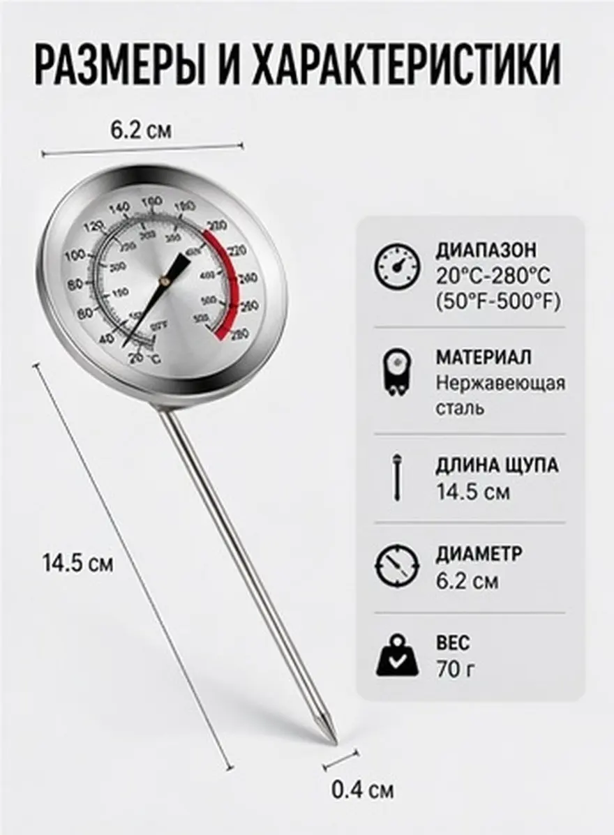 1Pcs Meat Thermometer Food Cooking Probe Kitchen Supplies Stainless Steel Frying Thermometer Large Dial Accurate Temperature
