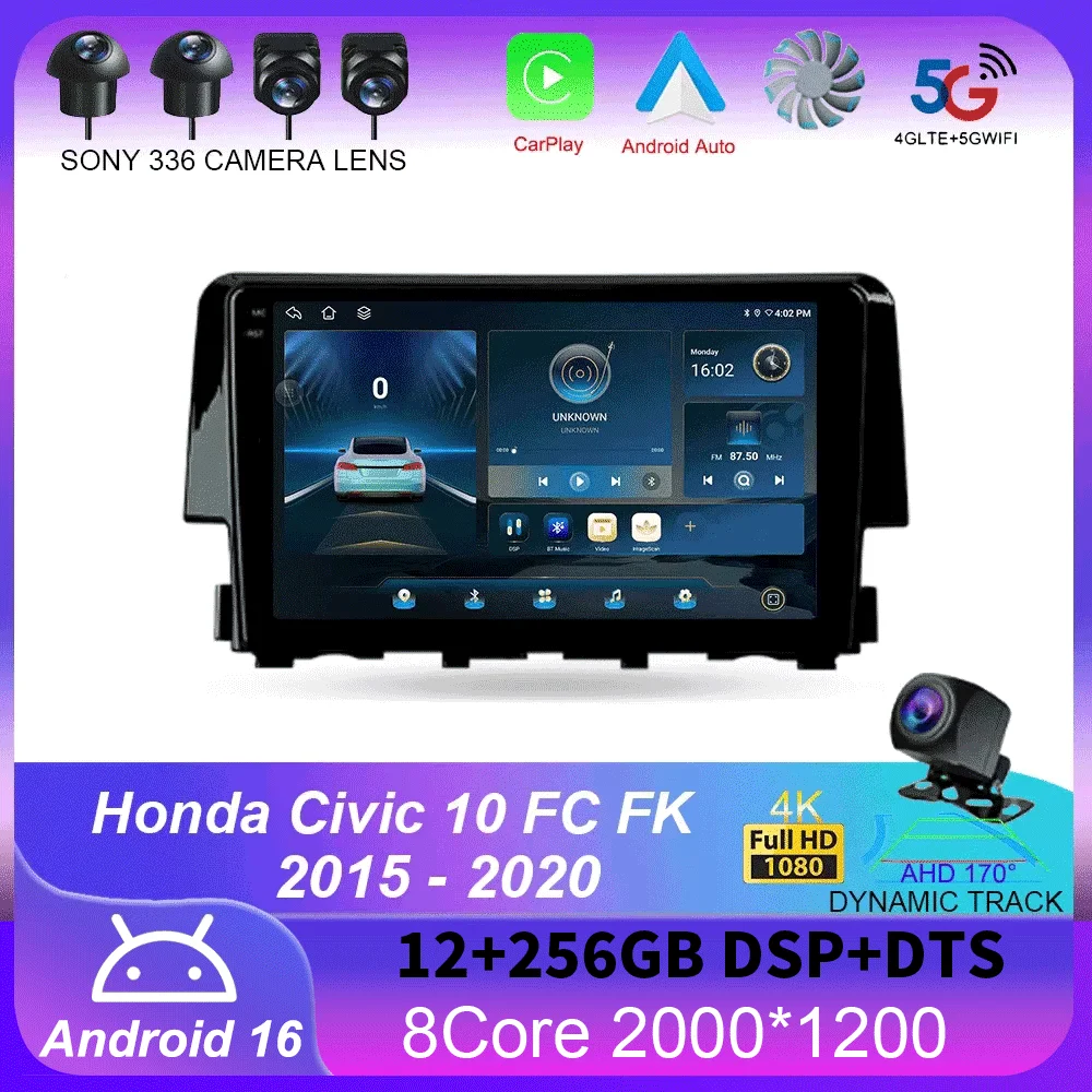 

For Honda Civic 10 FC FK 2015 - 2020 Carplay Auto 4G+WIFI GPS Car Radio Navigation Multimedia Video Player Stereo BT Android 16