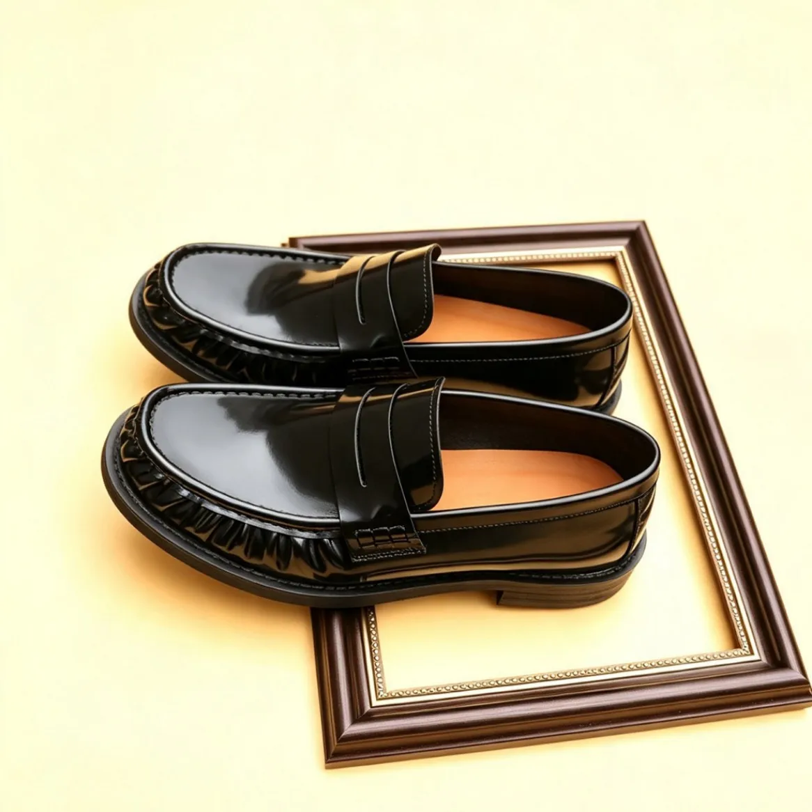 Glossy Full Leather Penny Loafer Shoes Slip On Pleated Edge Design Low Block Heel All Black Classic Loafer Daily Casual Footwear